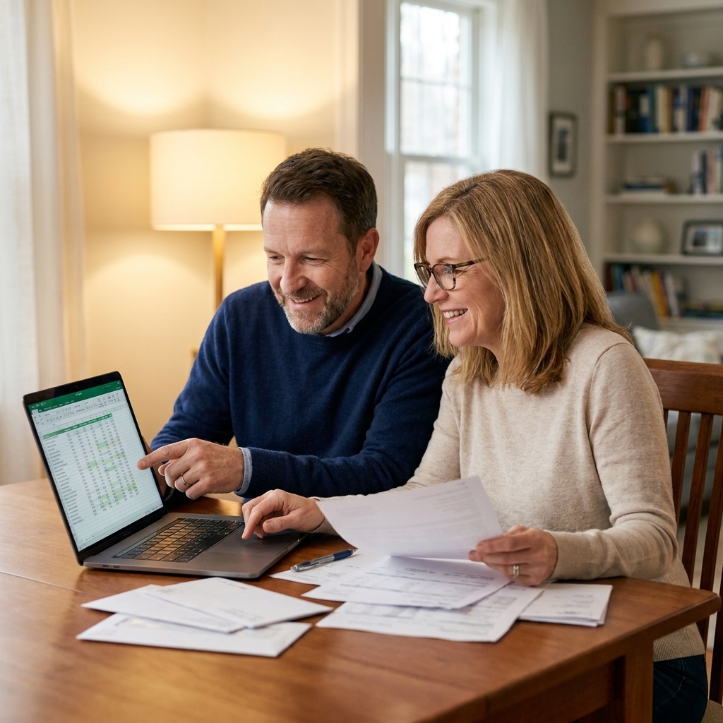 Two adults sitting at a table reviewing household bills together while looking at a laptop.