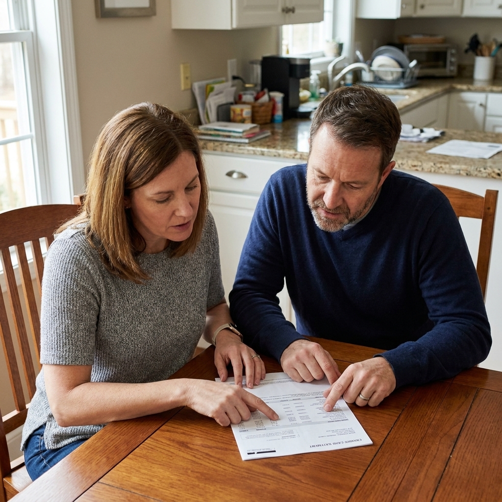 Two family members sitting at a dining table looking at a credit card statement together, everyday home setting